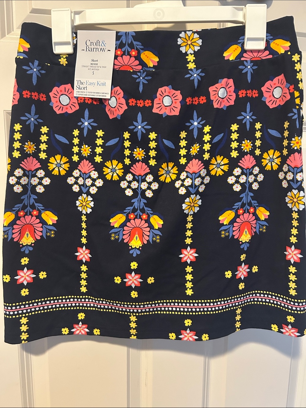 Floral Pattern Navy A-Line Skirt - Navy with Pink, Yellow & Blue - Picture 3 of 5